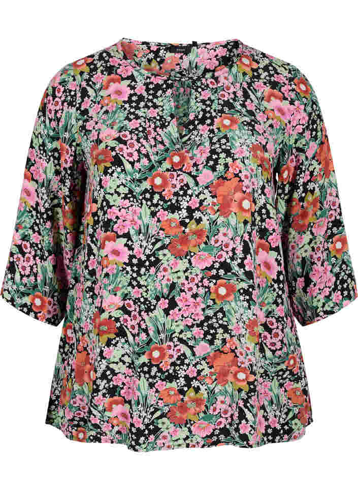 Floral blouse with 3/4 sleeves, Green Flower AOP, Packshot image number 0