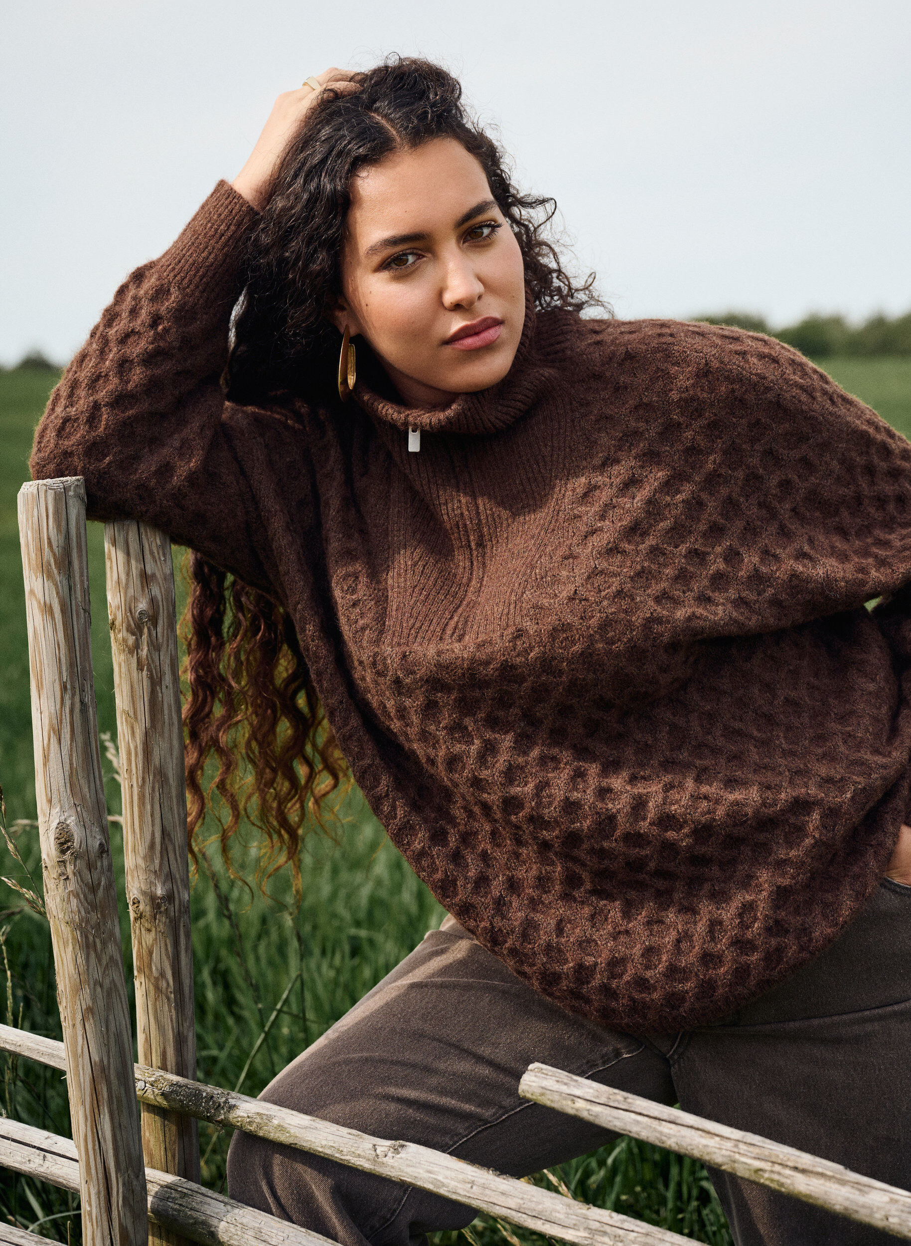 Zizzifashion Jumper with a high neck and texture, Brown, Image image number 0