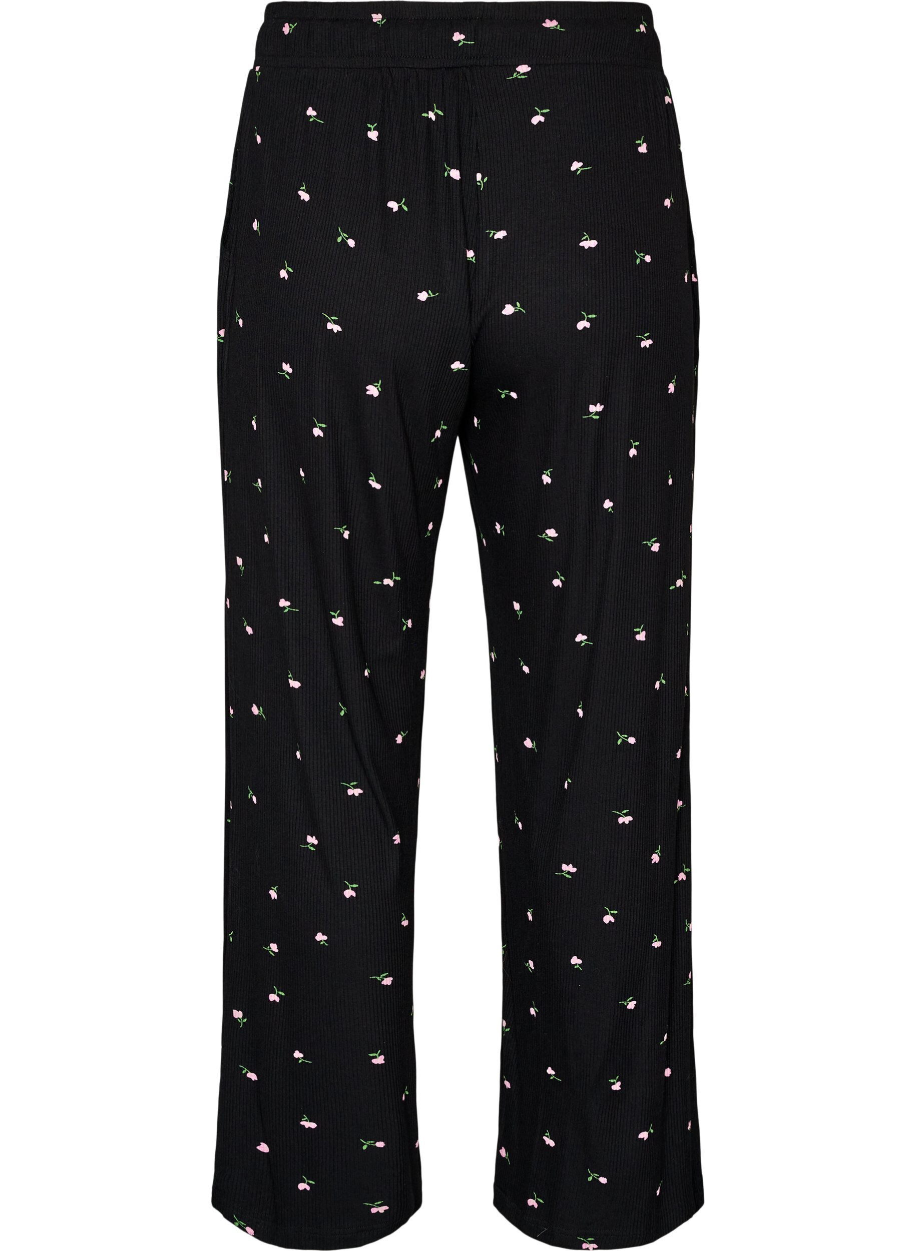 ZizzifashionPyjama bottoms with ribbed texture and floral print, Black, Packshot image number 1