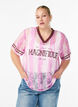 Striped lace blouse with statement print, Rose, Model image number 0