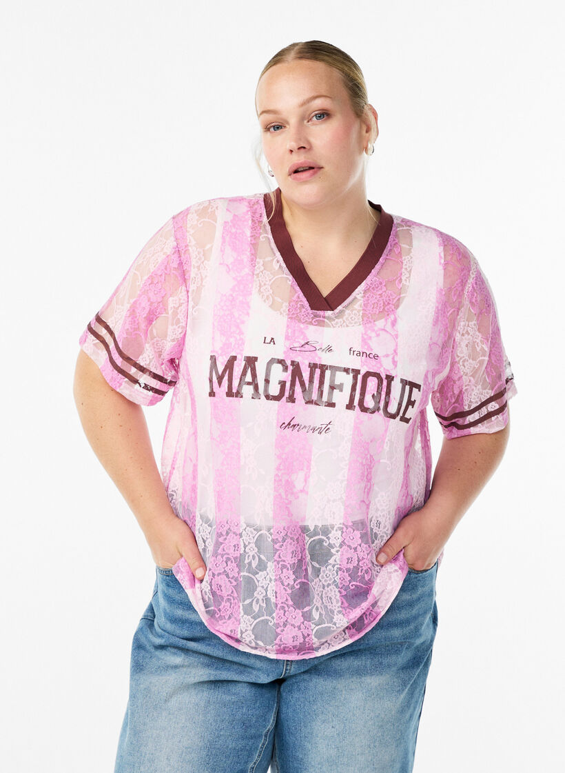 Striped lace blouse with statement print, Rose, Model image number 0