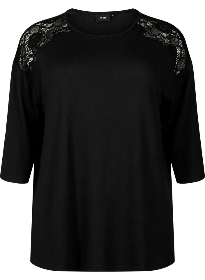 Blouse with 3/4 sleeves and lace detail - Black - Sz. 42-60 - Zizzifashion