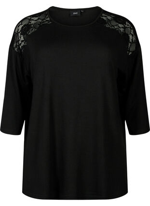 Blouse with 3/4 sleeves and lace detail, Black, Packshot image number 0