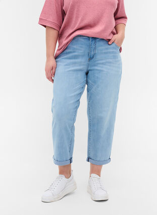 7/8 jeans with rolled up hems and high waist, Light blue denim, Model image number 2