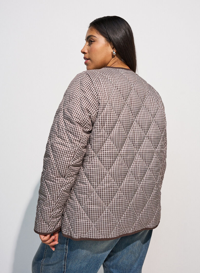 Quilted jacket with small checks and contrast trim, Brown, Model image number 2