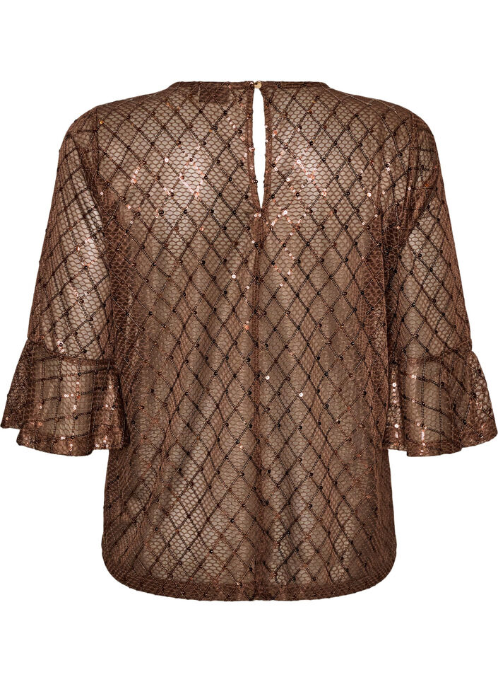 Sheer blouse with sequins and a diamond pattern, Brown, Packshot image number 1
