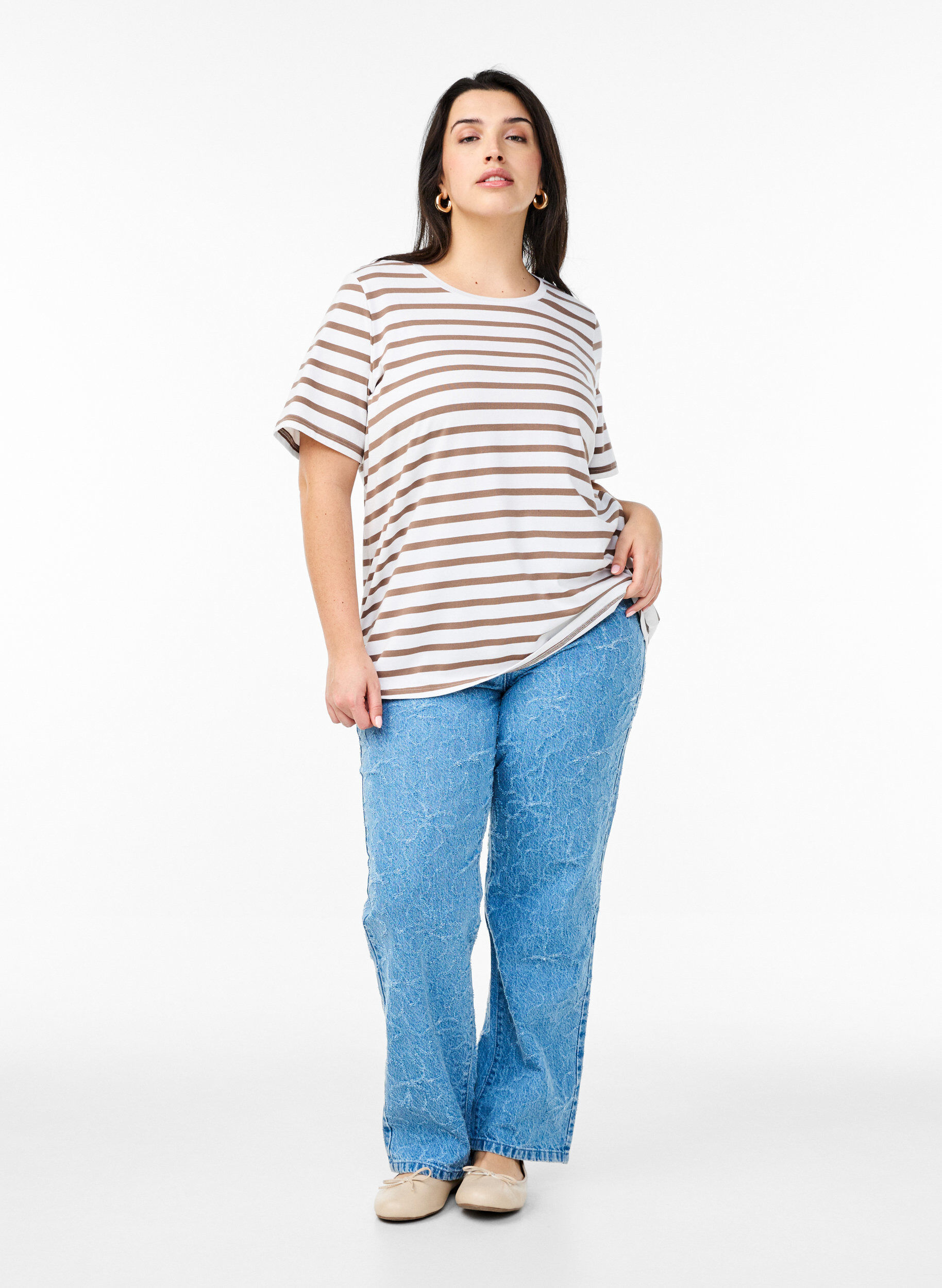 Zizzifashion Striped T-shirt in organic cotton, Brown, Model image number 1