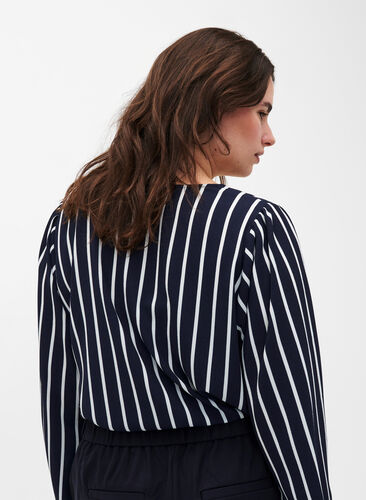 Shirt blouse with v-neck and print, Maritime Blue Stripe, Model image number 1
