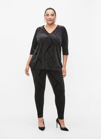 Velour leggings with glitter and pattern, Black, Model