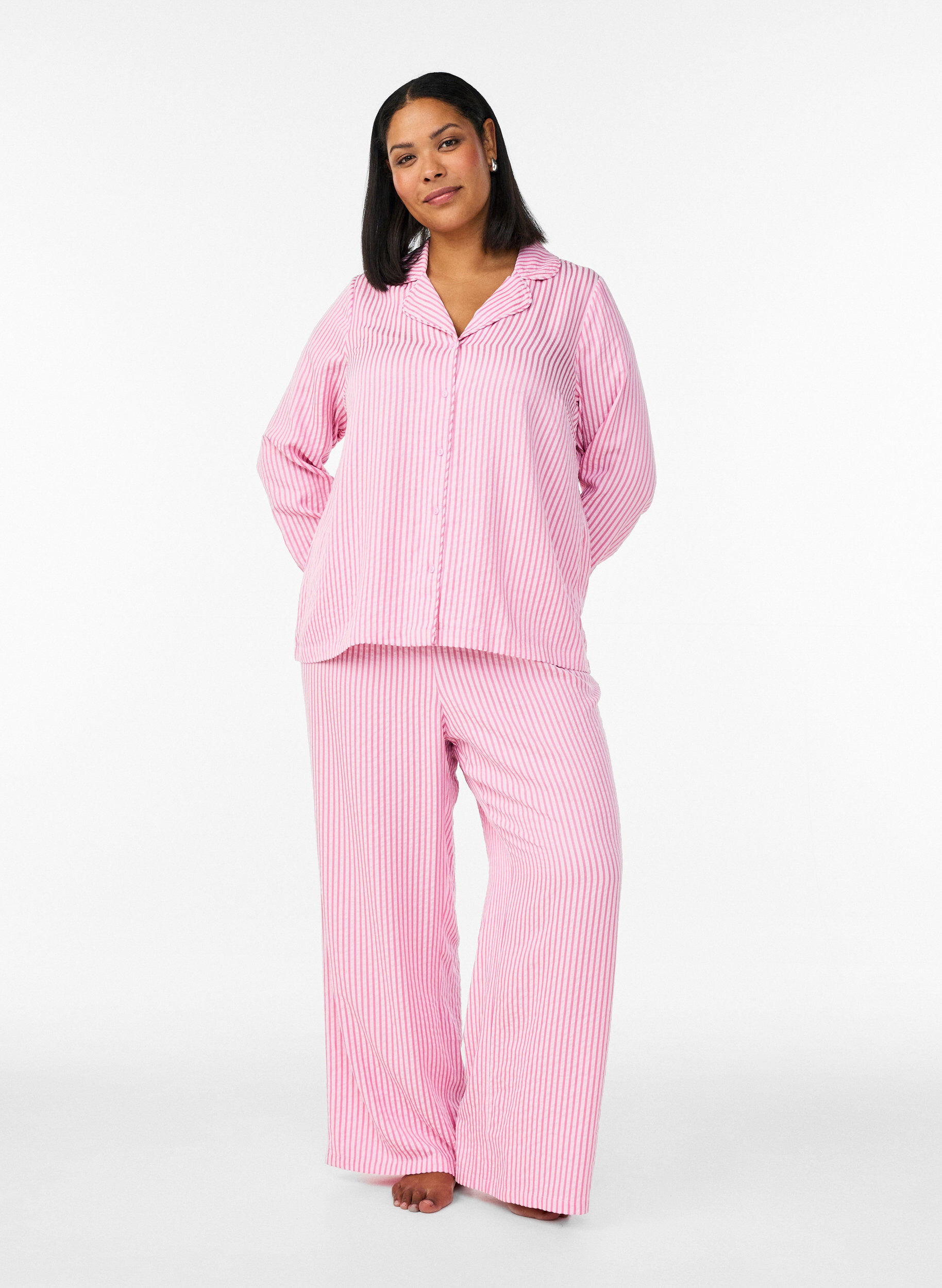 Zizzifashion Loose seersucker pyjama trousers with high waist, Pink, Model image number 0