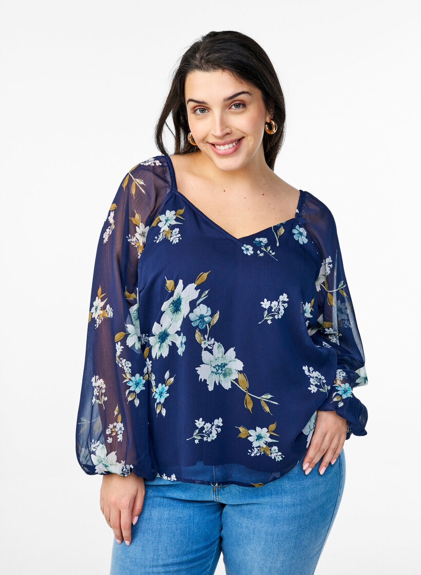 Chiffon blouse with floral print and long sleeves, Blue, Model image number 0