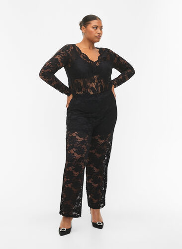Laced pants with straight fit, Black, Model image number 0