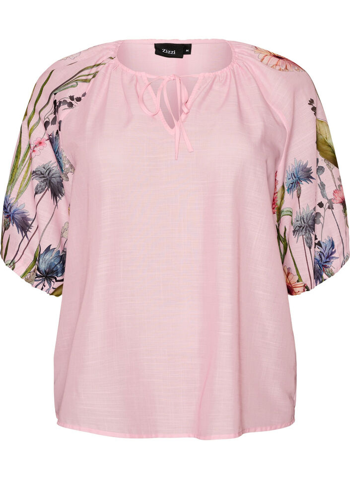 Blouse with tie detail and floral print sleeves, Pink, Packshot