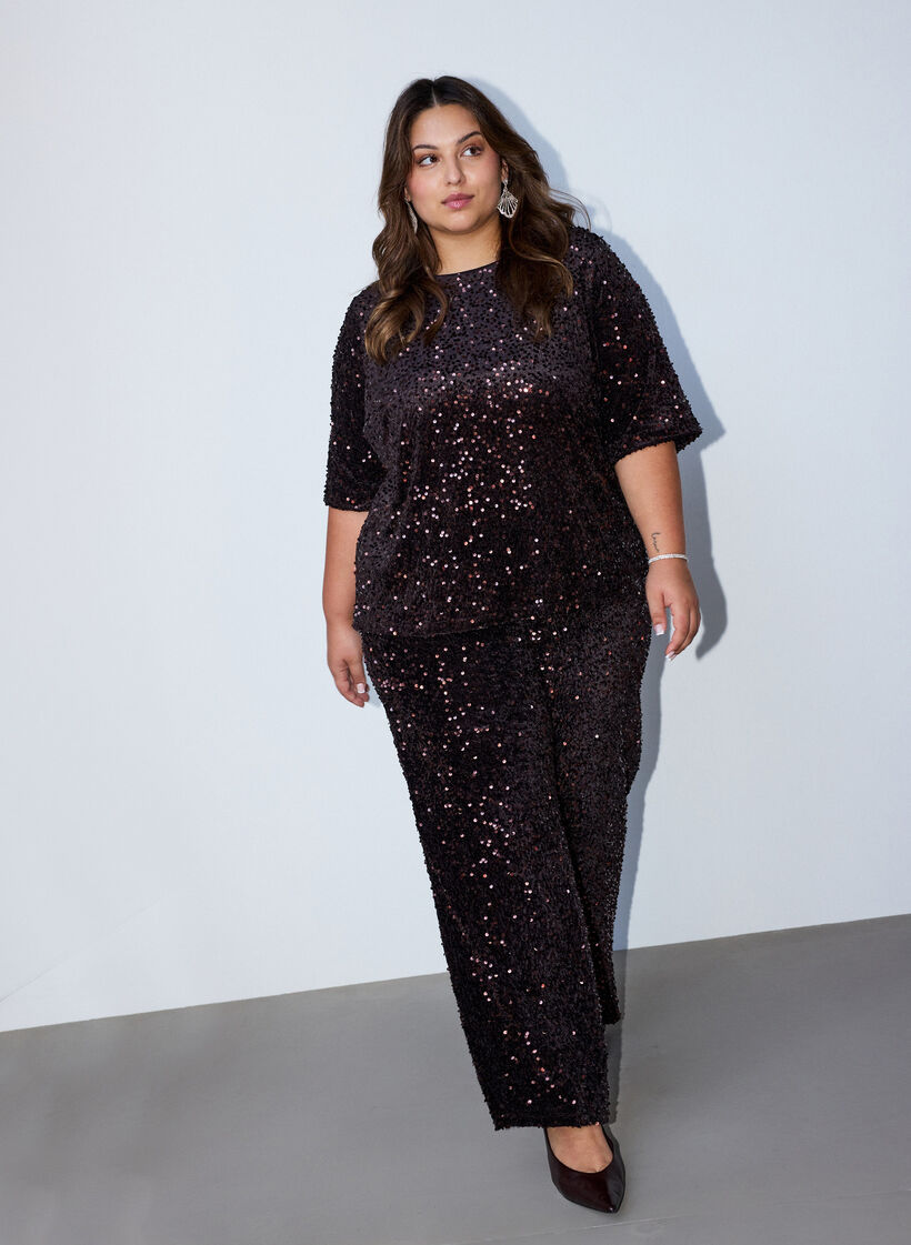 Wide-leg trousers with sequins, Brown, Model image number 0