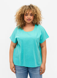 Short-sleeved blouse in cotton blend with linen, Turquoise, Model