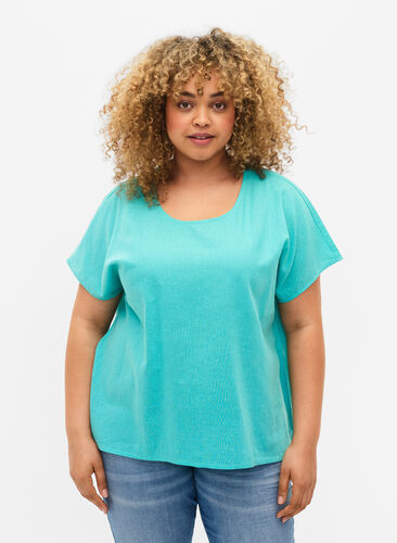 Short-sleeved blouse in cotton blend with linen, Turquoise, Model image number 0