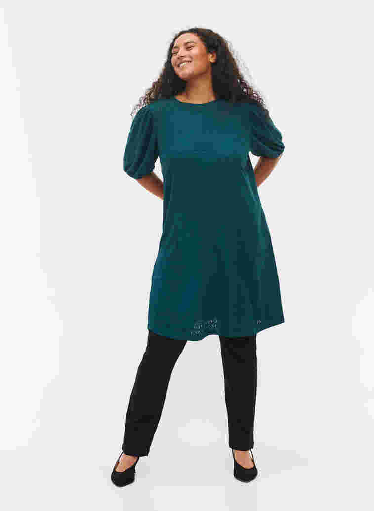 Dress with textured pattern and balloon sleeves, Deep Teal, Model image number 2