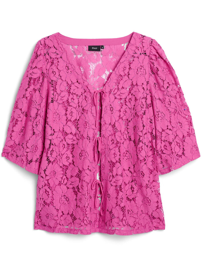 Lace blouse with 3/4 sleeves and bows on the front, Purple, Packshot image number 0
