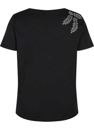 Short-sleeved cotton t-shirt with decorative rhinestones, Black Stone, Packshot image number 1