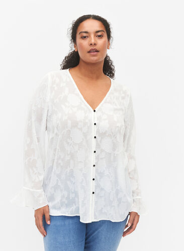 Long-sleeved shirt with jacquard look, Bright White, Model image number 0