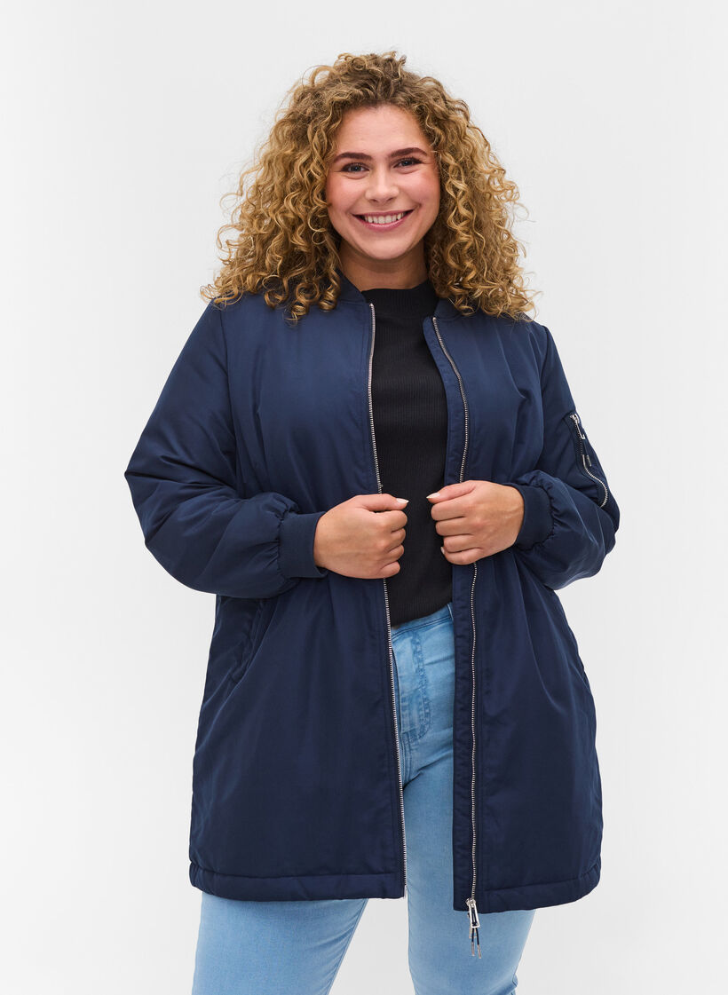 Long bomber jacket with pockets, Navy Blazer, Model image number 0