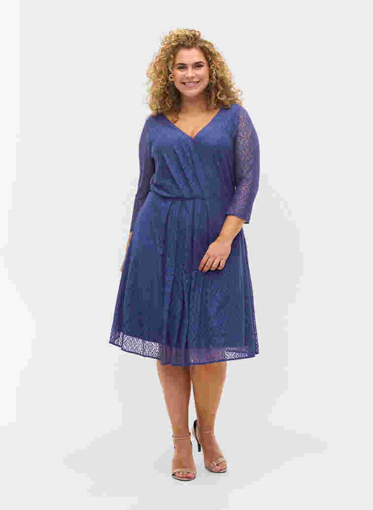 V-neck lace dress with 3/4 sleeves, Deep Cobalt, Model image number 2