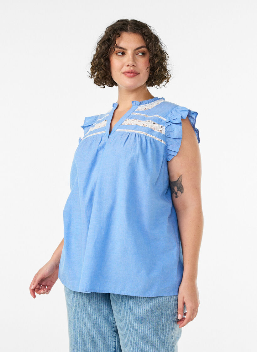 Sleeveless cotton blouse with ruffle edges, Light Blue, Model image number 0