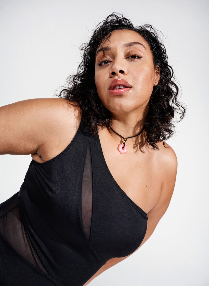 One-shoulder swimsuit with mesh, Black, Image image number 0