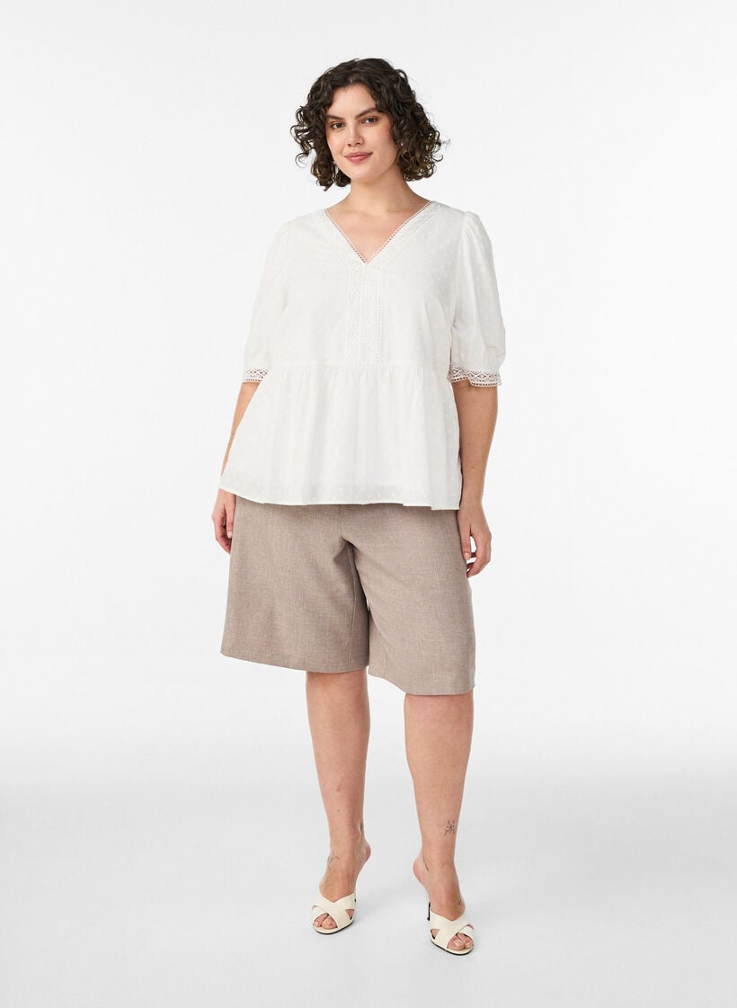 Blouse in textured cotton with crochet details, White, Model image number 1