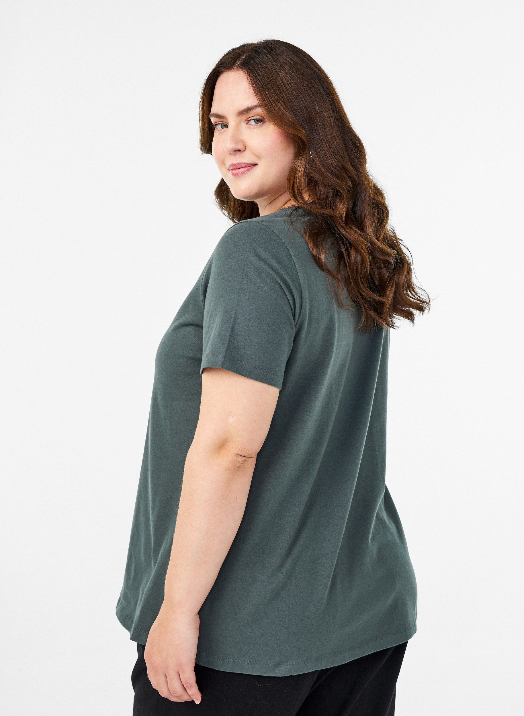 ZizzifashionSolid-coloured basic cotton T-shirt, Green, Model image number 2