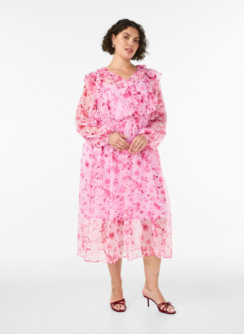 Floral chiffon dress with ruffles and long sleeves, Pink, Model image number 0