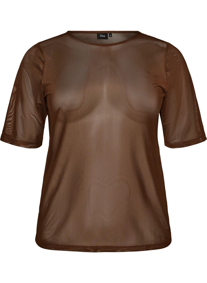 Mesh top with short sleeves and round neck, Brown, Packshot image number 0
