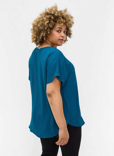 Blouse with short sleeves and a round neckline, Moroccan Blue, Model image number 1