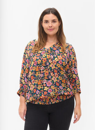 Floral viscose blouse with smock, Multi Flower AOP, Model image number 0