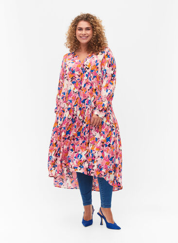 Long-sleeved viscose midi dress with print, Rosebloom GraphicAOP, Model image number 0