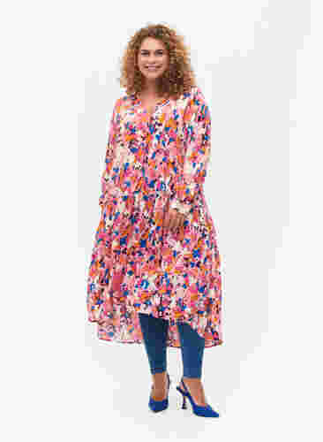 Long-sleeved viscose midi dress with print, Rosebloom GraphicAOP, Model image number 0