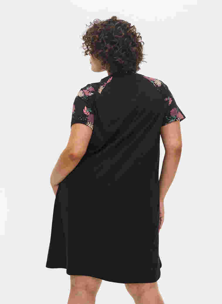 	 Short sleeve cotton nightdress with print details, Black AOP Flower, Model image number 1