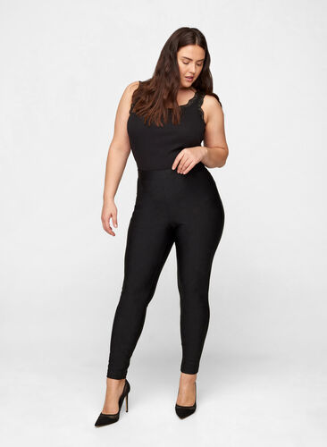 Shiny leggings with back pockets and a high waist, Black, Model image number 0
