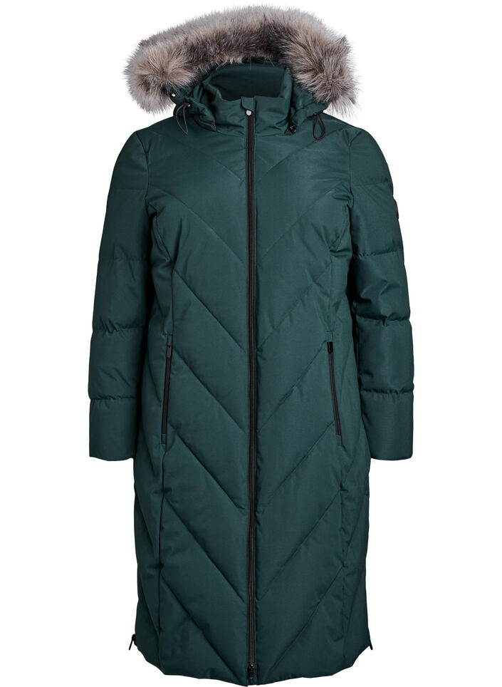 Long winter coat with hook fastenings and a faux fur collar, Green, Packshot image number 0
