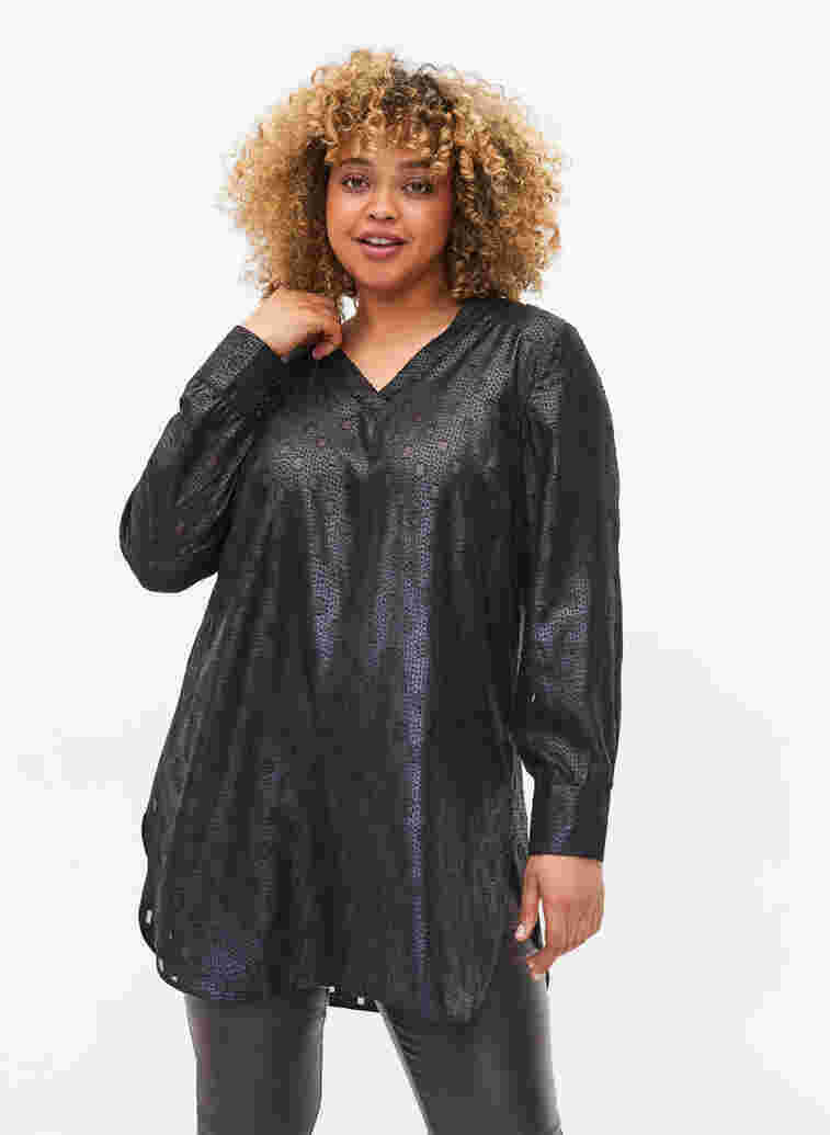 Textured tunic with long sleeves and v -neck, Black, Model image number 0