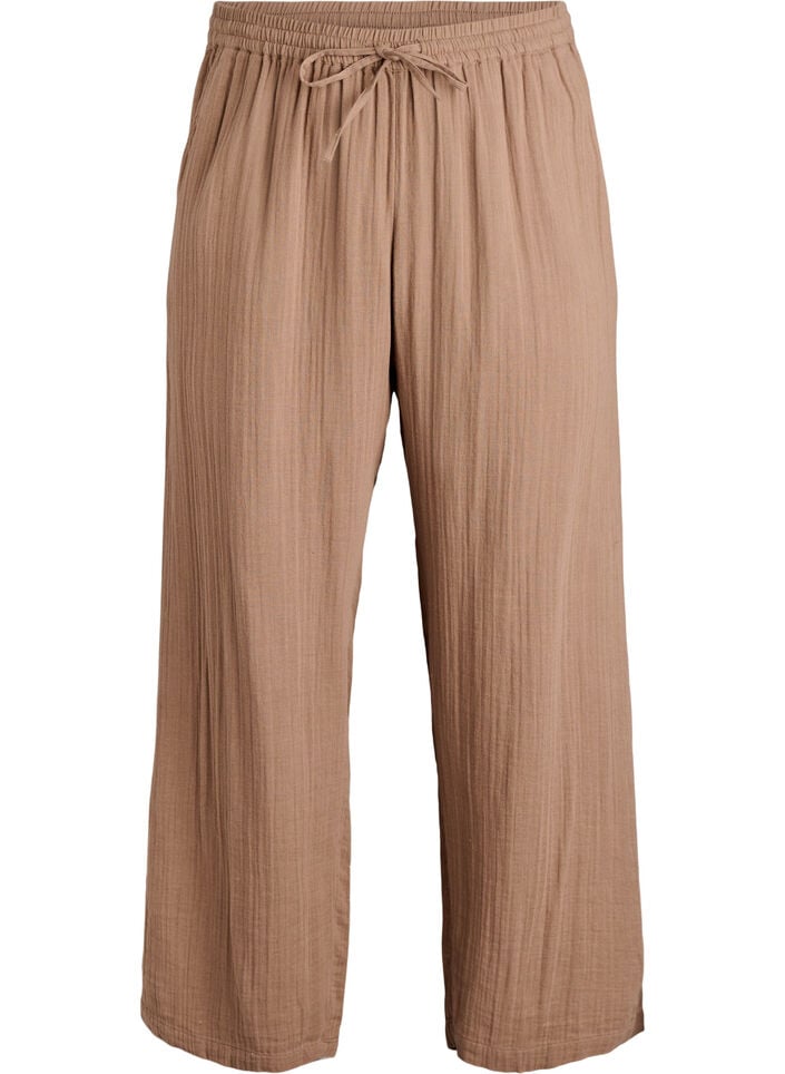 High-waisted cotton muslin trousers with loose legs, Brown, Packshot