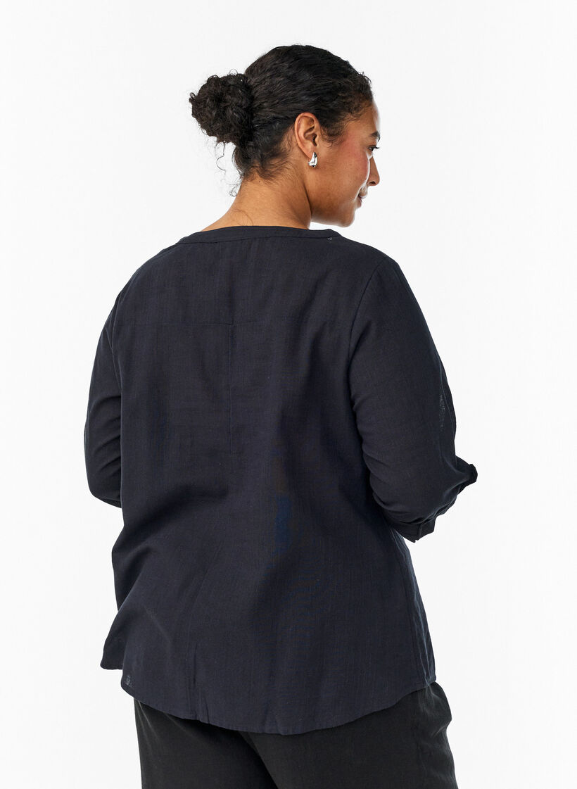 Cotton shirt blouse with V-neck, Black, Model image number 2