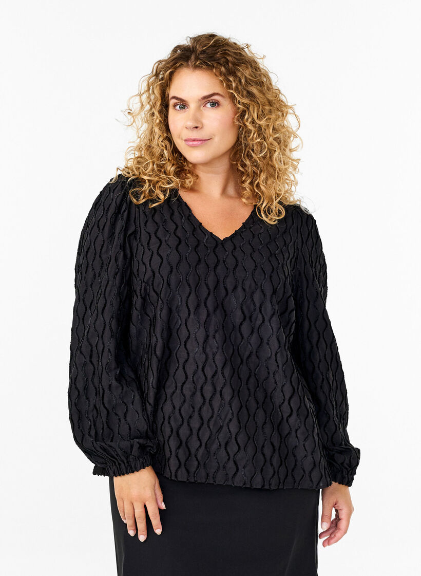 Long-sleeved patterned blouse with a V-neck, Black, Model image number 0