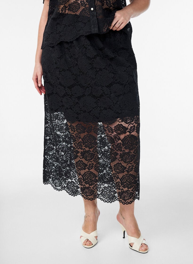 Lace midi skirt with an elasticated waist, Black, Model image number 2