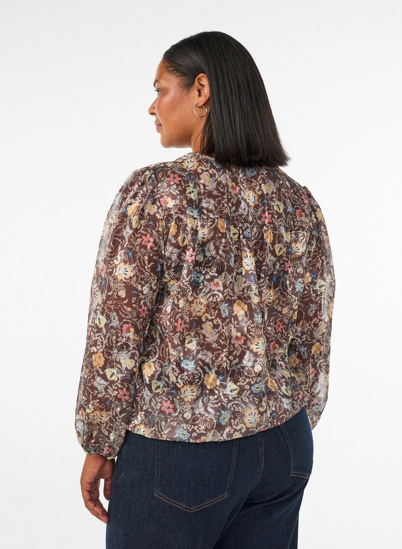 Blouse with floral print and balloon sleeves, Brown, Model image number 2
