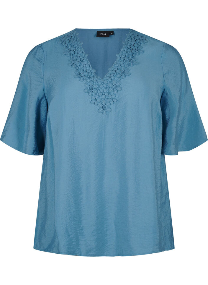 Viscose blouse with v-neck and embroidery detail, Light Blue, Packshot image number 0