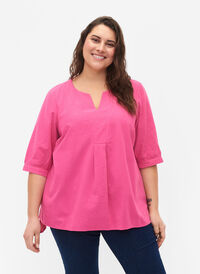 FLASH - Cotton blouse with half-length sleeves, Raspberry Rose, Model