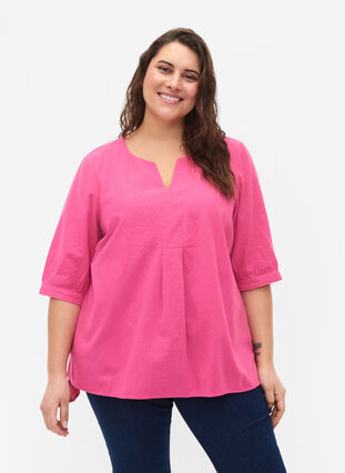 FLASH - Cotton blouse with half-length sleeves, Raspberry Rose, Model image number 0