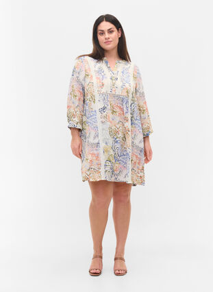 	 Printed viscose tunic with 3/4 sleeves, White Paisley AOP, Model image number 2