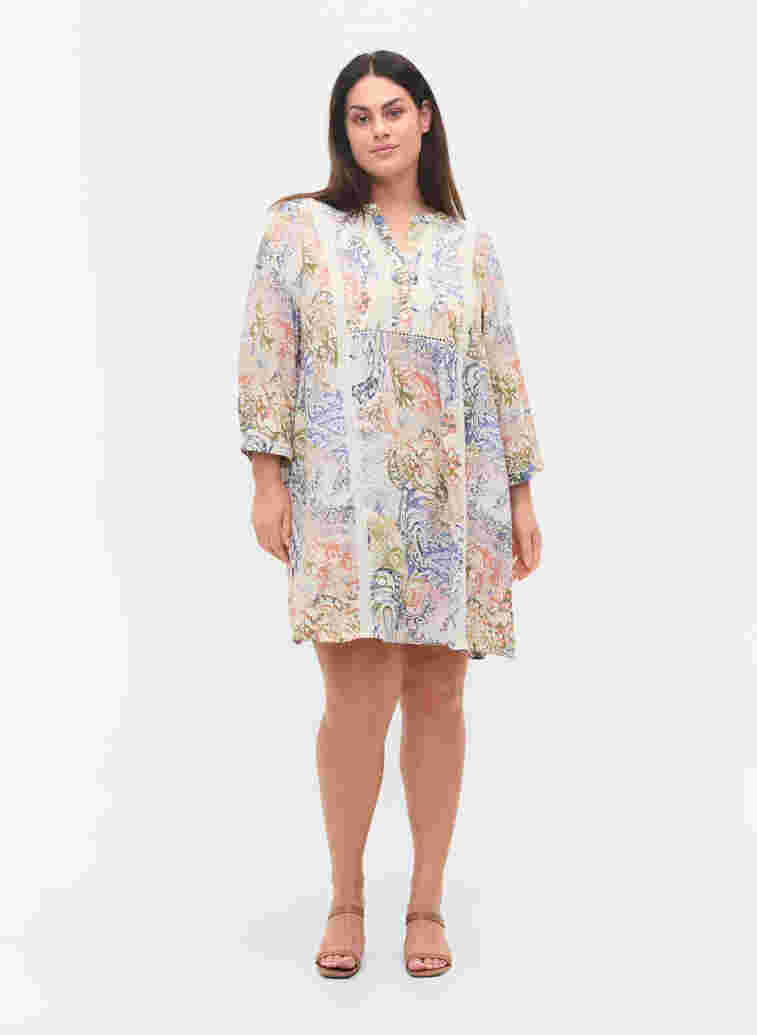 	 Printed viscose tunic with 3/4 sleeves, White Paisley AOP, Model image number 2